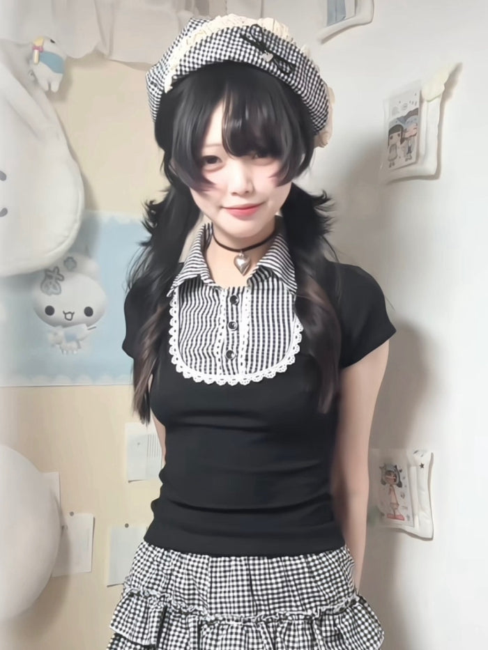 Brim Black and Flipped Gingham Beret White with