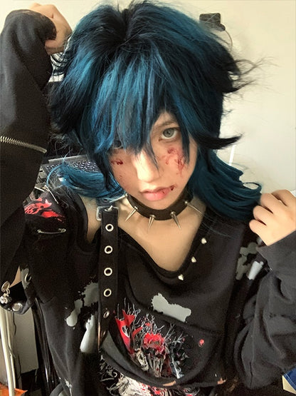 Blue-black Ombre Long Wavy Synthetic Wig With Bangs