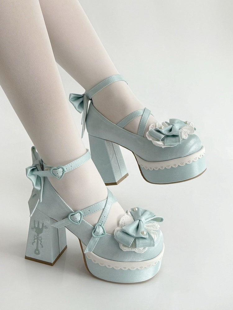 Blue Buckle Fork Embroidery Straps Heels Lace High Lolita Platform Block Bowknot
