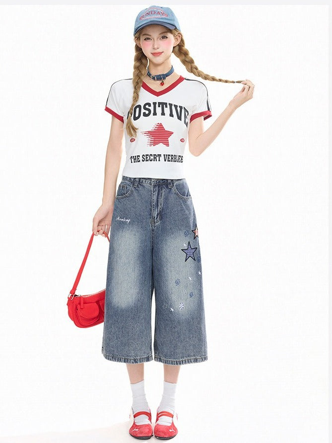 Blue Cropped Wide-Leg Denim Pants Star Appliqué