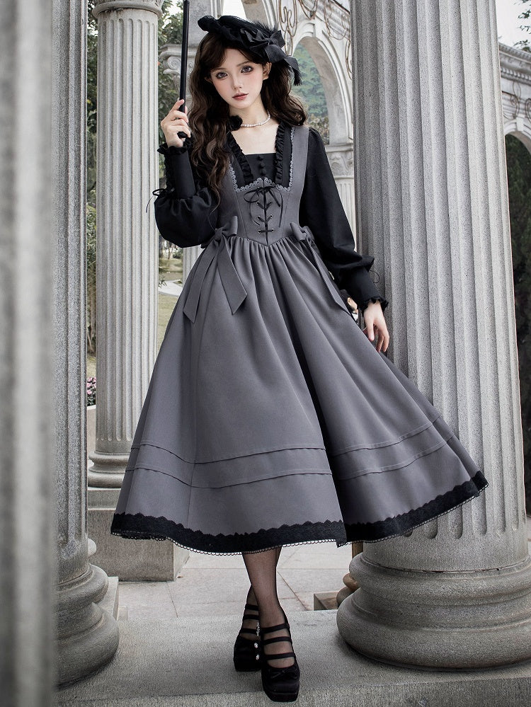 Elegantes Lolita-Kleid mit quadratischem Ausschnitt und langen Bischofsärmeln in Schwarz und Grau
