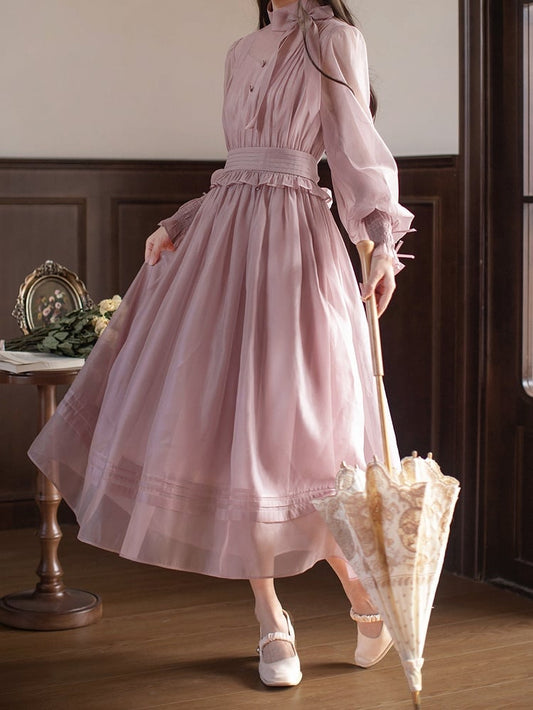 Manschetten Elastisches Mesh-Kleid Altrosa Elegante Details mit Bischofsärmeln Schleife