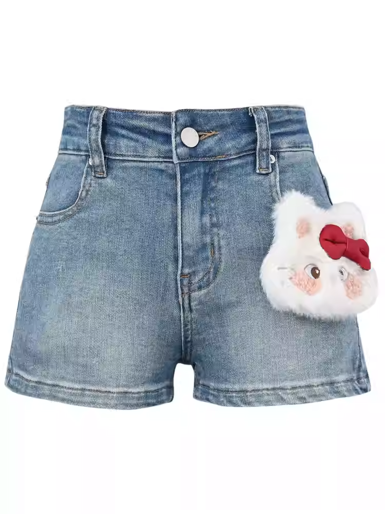 愛らしいキティのぬいぐるみ付きライズデニムショートパンツ ブルー ローカット