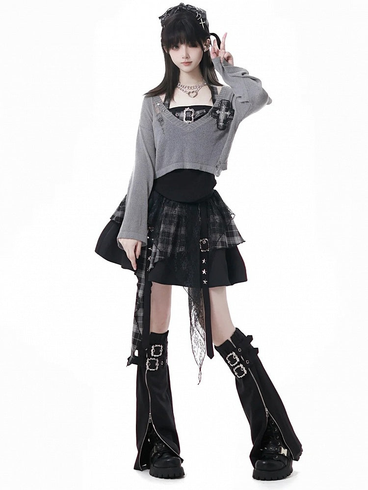Red / Lace Buckle Straps Handkerchief Plaid Studs Star Core with Idol Hem Y2K - Black Skirt