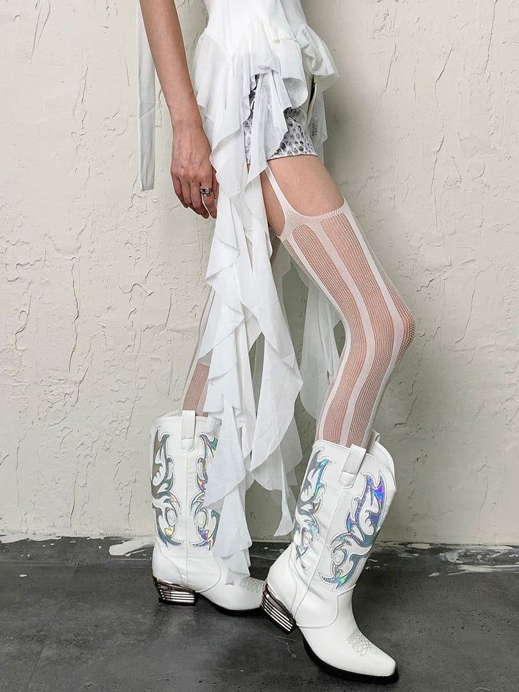 Tights Pattern Y2K White/Black Striped Suspender Fishnet