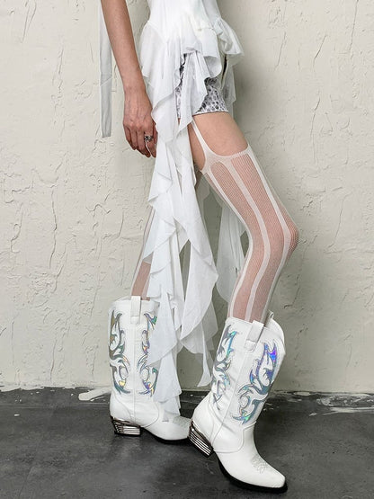 Tights Pattern Y2K White/Black Striped Suspender Fishnet