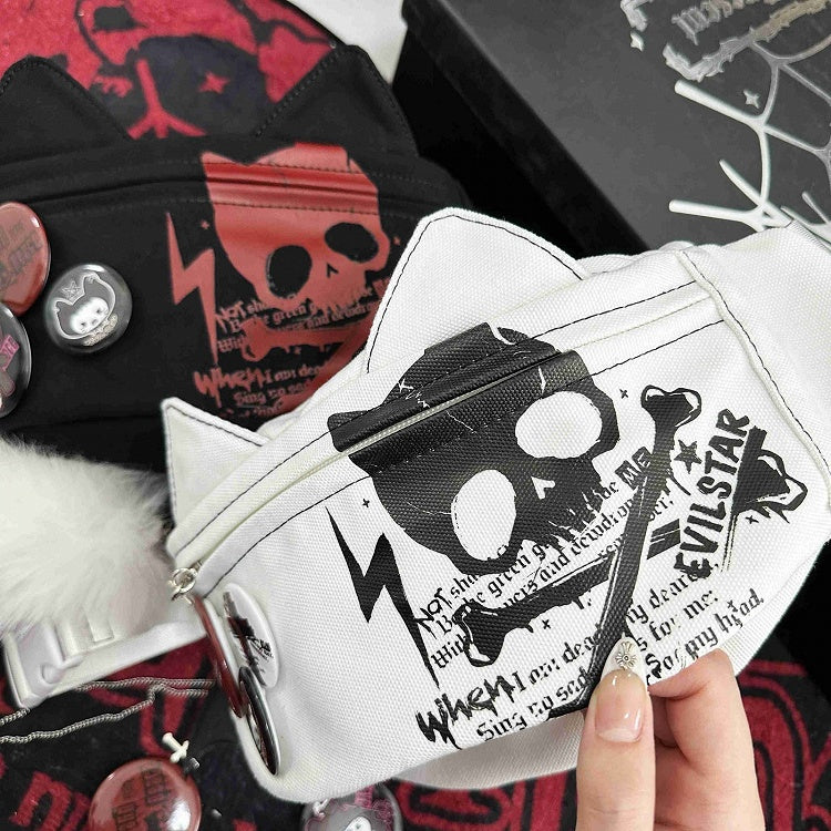 Print - Cat Bag White Waist Canvas with Skeleton Design Ear Letter Punk