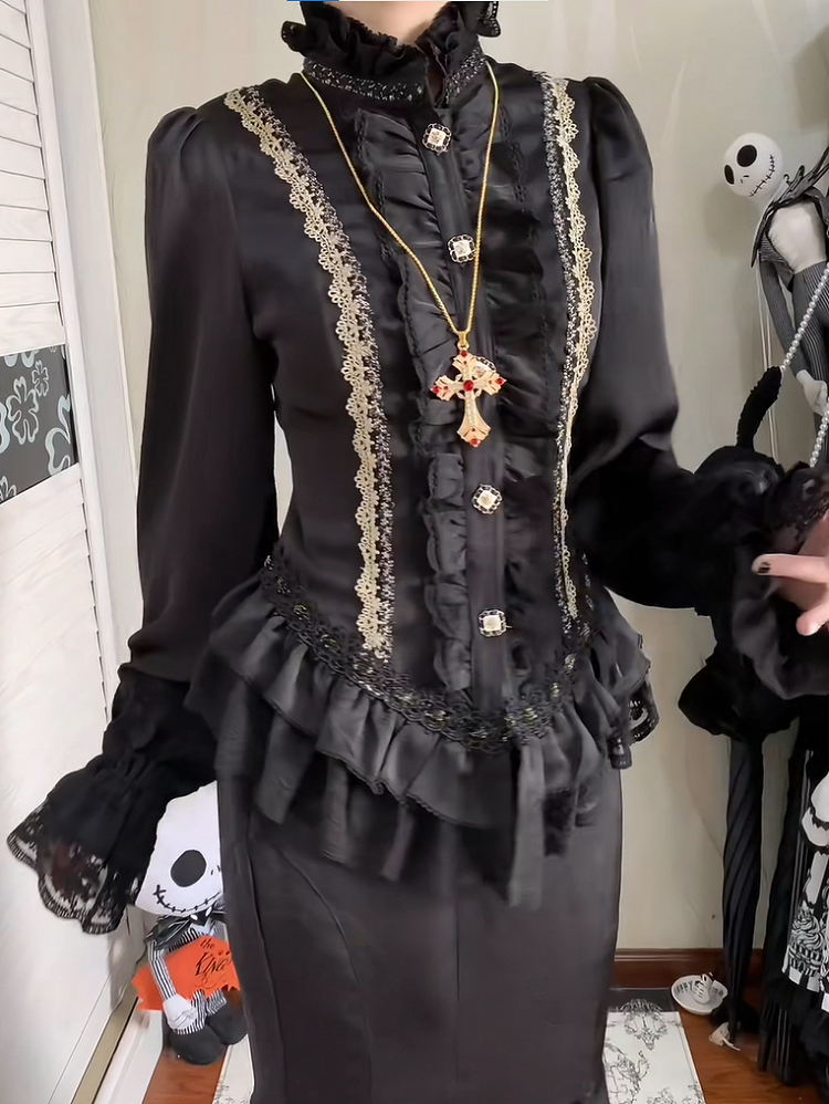 Trim Elegant Blouse Golden Lace Ruffled Long Sleeves Classic Lolita Black with