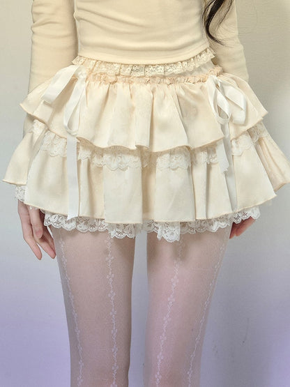 アプリコットリボンアクセントレーストリムティアードミニスカート