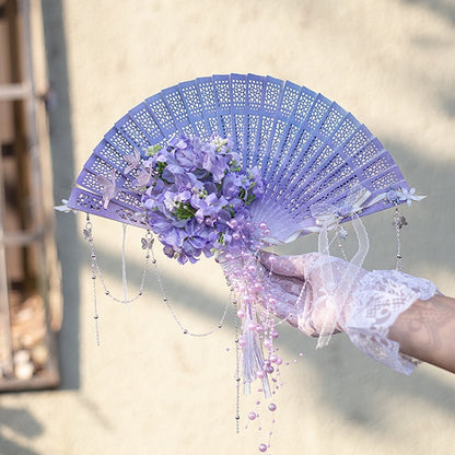 Charm Faltbarer Perlenfächer, Blumenmuster, Lila/Grün/Rosa/Gelb