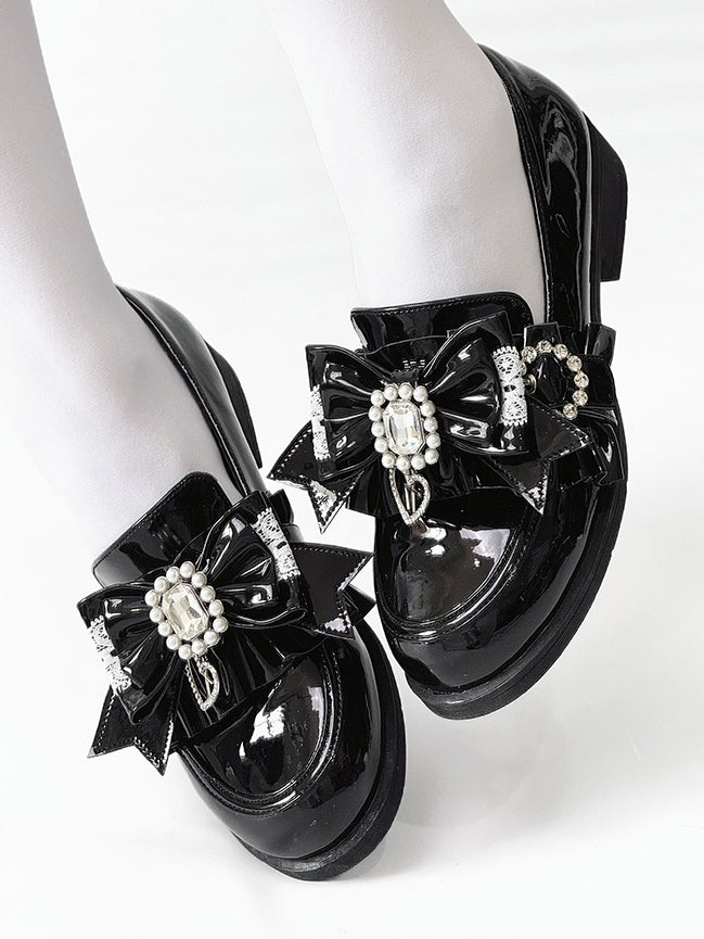 Jirai Detachable Polished Loafers Rhinestone - with Trim Design Black Slip-On Kei Beads And Decor Bow Ruffle