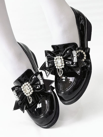 Jirai Detachable Polished Loafers Rhinestone - with Trim Design Black Slip-On Kei Beads And Decor Bow Ruffle