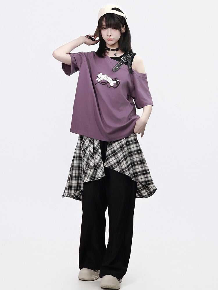 Dusty Purple Off-Shoulder Tee with Leopard Print and Buckle Accent - PINK SAVIOR