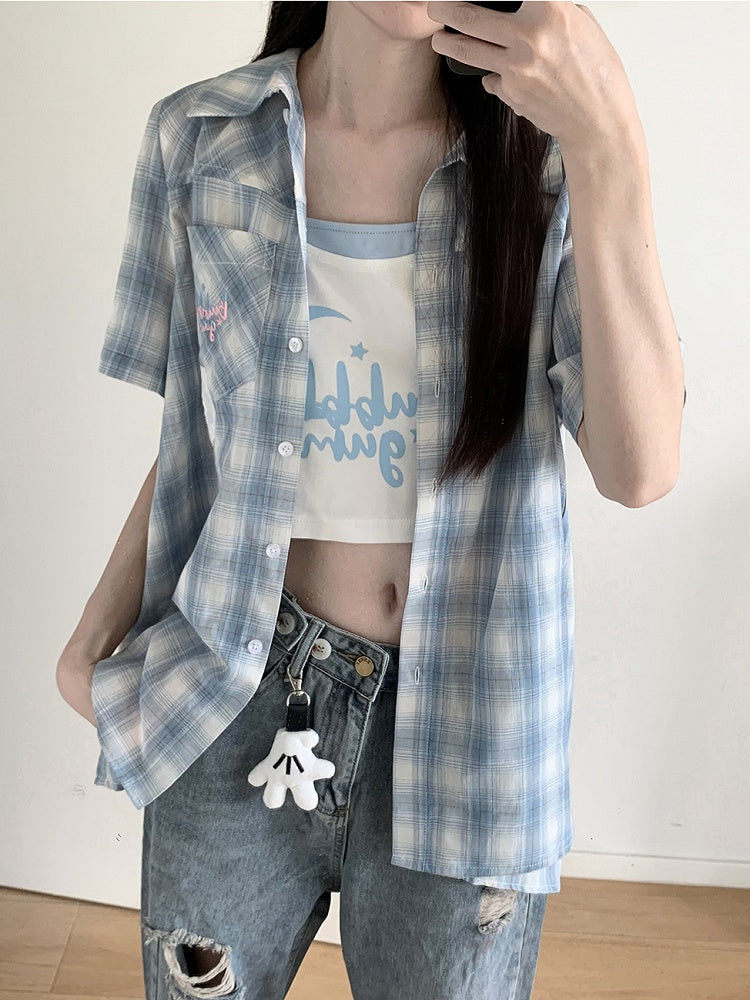 ホワイト＆ブルーのフェイクツーピース クロップドキャミトップ