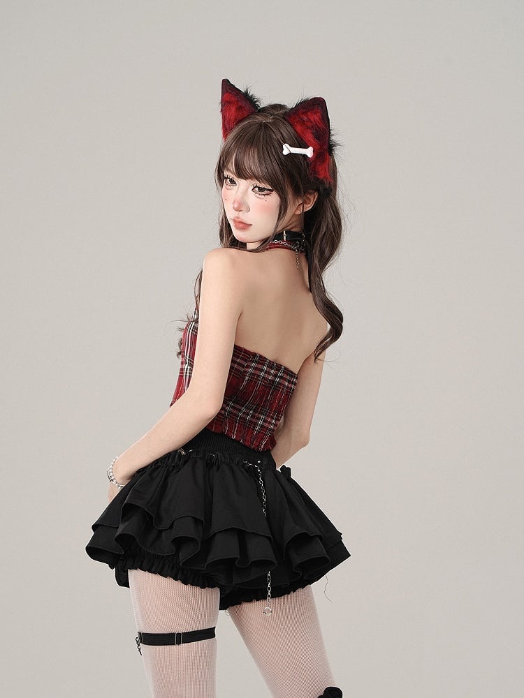 Red Plaid Halter Neck Crop Tank Top - Adorable  Slimming