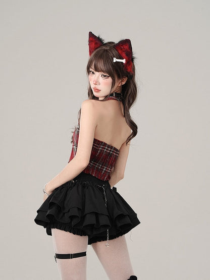 Red Plaid Halter Neck Crop Tank Top - Adorable  Slimming