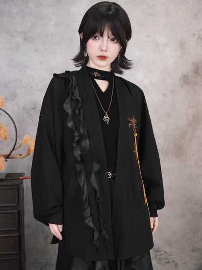 Gothic Black Pipa Sleeve Cardigan with Mandala Embroidery, Tassels and Ruffle Edging - Quirky Hut