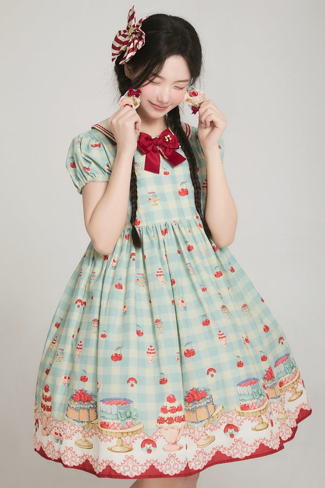 ミントグリーンのハイウエストチェリー＆デザートプリントのスイートロリータギンガムドレス