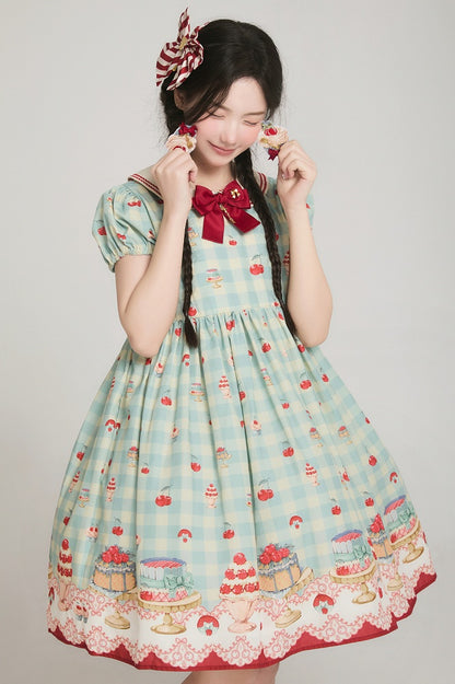 ミントグリーンのハイウエストチェリー＆デザートプリントのスイートロリータギンガムドレス