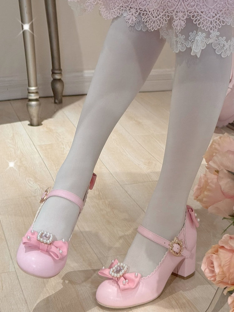 ジェーンズ ボウノット ラインストーン装飾 ラウンド メアリー ロリータ ディテール ビーズトゥ ピンク