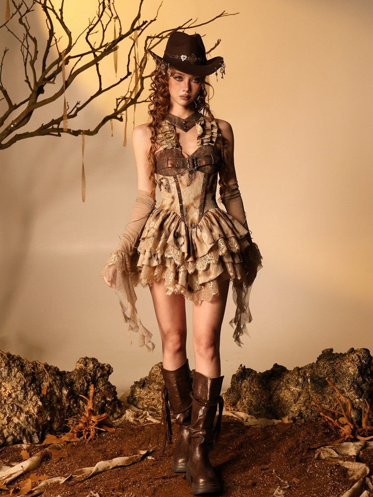 Burn-Effect Halter Dress with Tiered Ruffles and Distressed Lace - Virtual Orbit