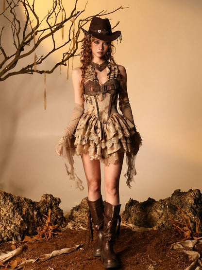 Halter Ruffle Dress with Burned Lace, Hot-Girl Aesthetic - Virtual Orbit