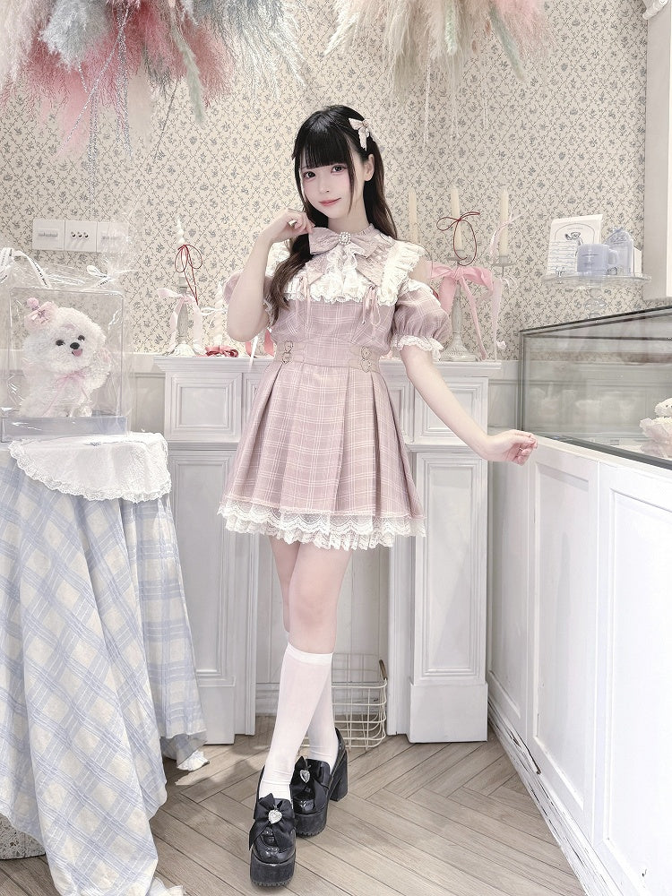 Cutout Neck Kei with Pink Lace Plaid Lace-up Dusty Jirai in Style White Shoulder Dress Details