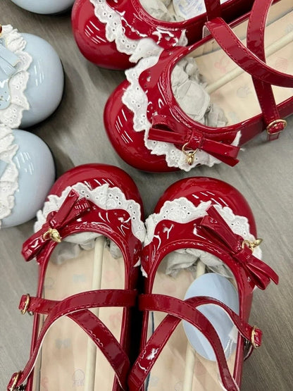 Bow Lolita Crossed Red Low-heel Shoes Details Jane Straps Sweet with Mary