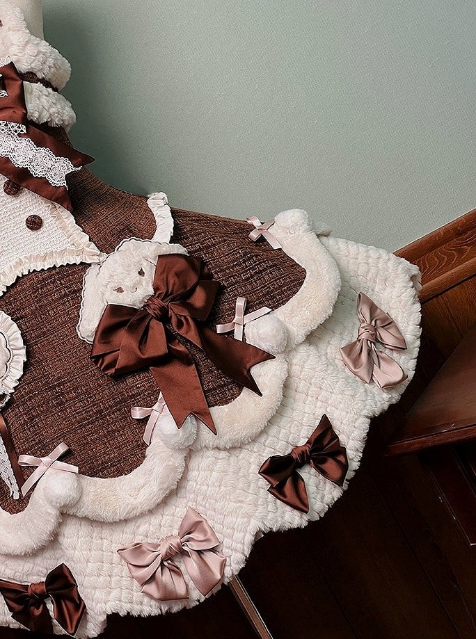 Applikationen Süßes Plüsch Herzchen und Akzente mit Braunen Details Schleife Kleid Lolita Weiß