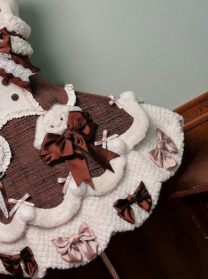 Applikationen Süßes Plüsch Herzchen und Akzente mit Braunen Details Schleife Kleid Lolita Weiß