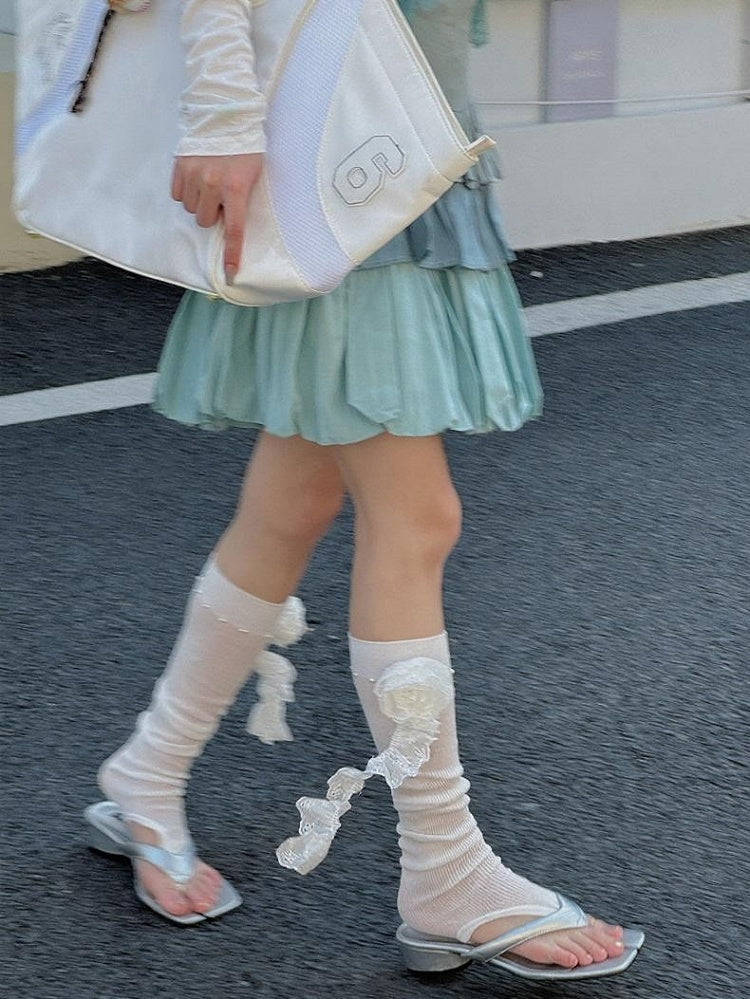 Stirrup Lace Bead Details Flower Leg White Warmers