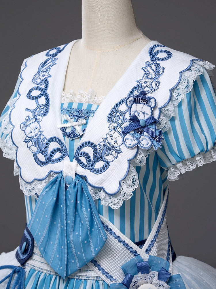 Light Blue Striped Low Waist Sailor Dress with Embroidery - Twin Bear Original Design