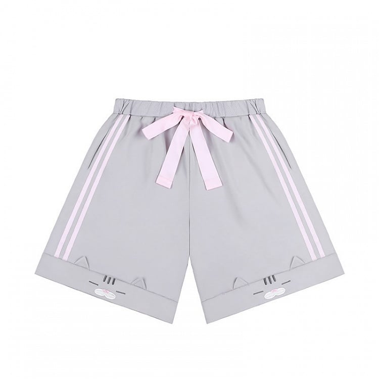Elastic Shorts Gray Daily Waist Design Kawaii Cat with