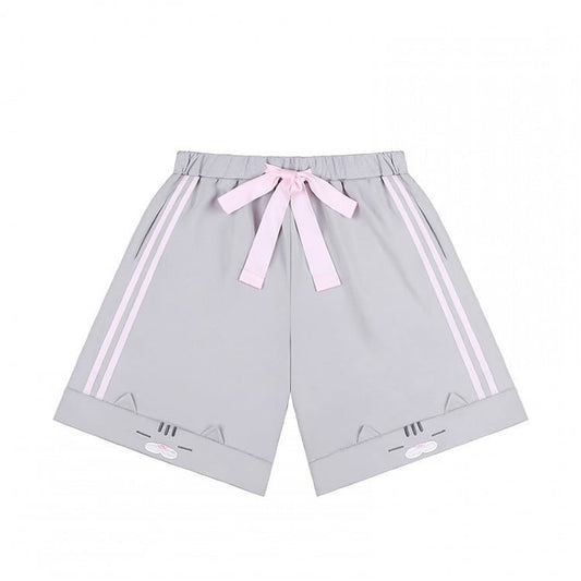 Elastic Shorts Gray Daily Waist Design Kawaii Cat with