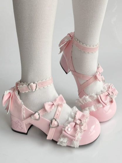 Mary PU Janes Mid-heel Bow Heart with Accents Design Pink - Sweet Lolita Snap