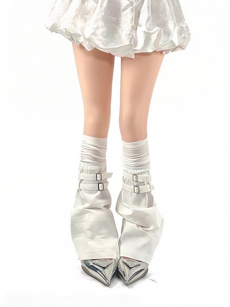 Fake Two-Piece Black/White Vertical Straps with Metal Punk Design Buckle Striped Warmers Leg Pattern