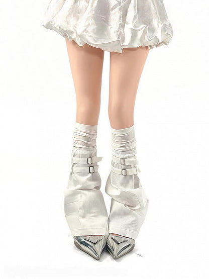 Fake Two-Piece Black/White Vertical Straps with Metal Punk Design Buckle Striped Warmers Leg Pattern