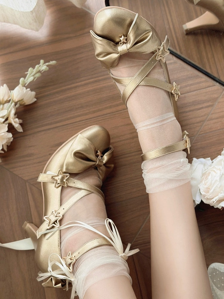 Top Bow at Sweet Starry Golden High-heel Lolita Shoes Buckles