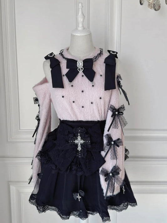 with Sweater Tie Pink Rhinestone Landmine Bow Shoulder Lace Style Cutout