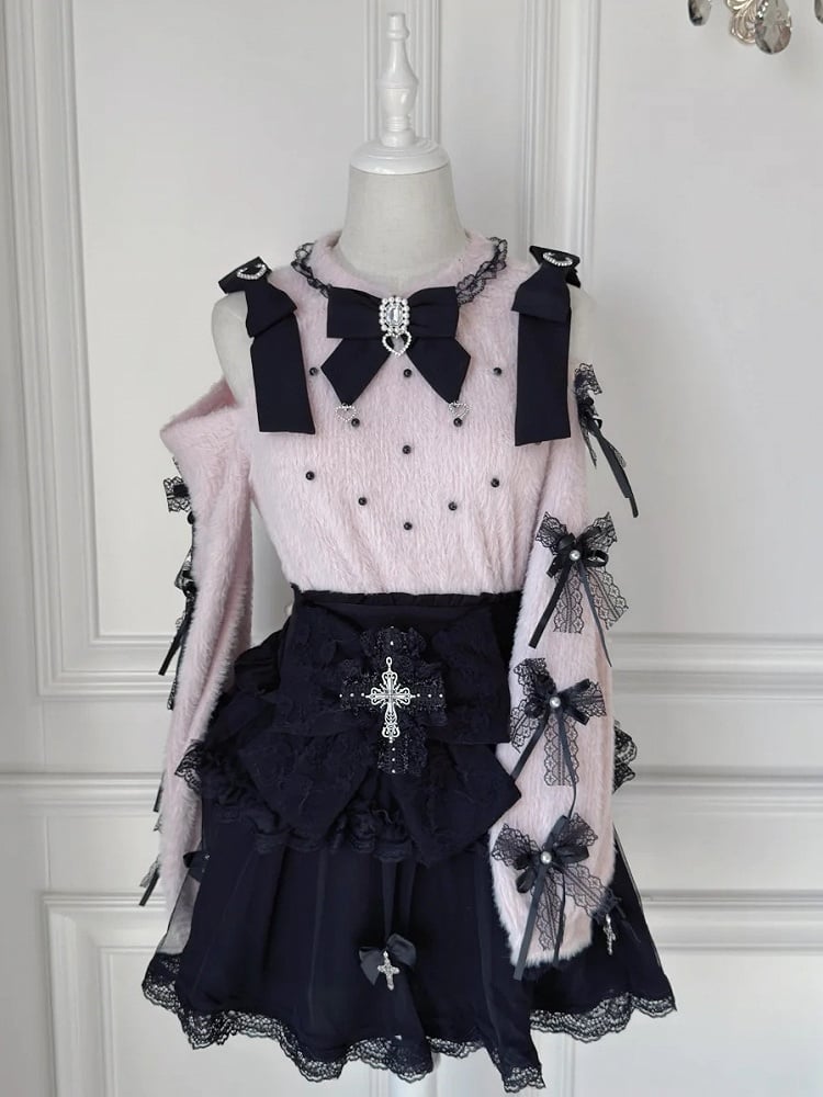 with Sweater Tie Pink Rhinestone Landmine Bow Shoulder Lace Style Cutout