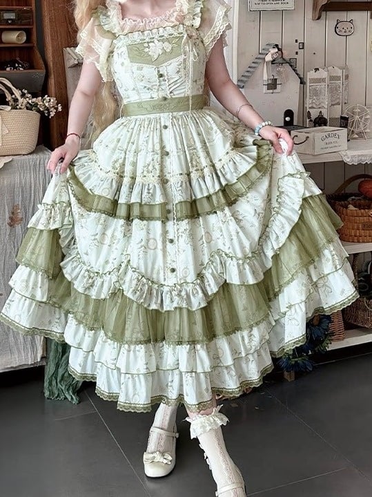 Floral Pink/Green Ruffled Tiered Skirt Lolita JSK Gown with Jasmine Embroidery - ZHIJINYUAN