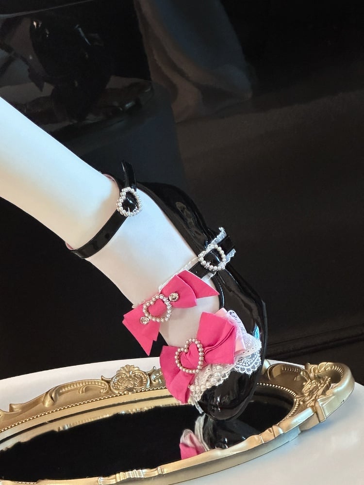 Jirai Fashion Pink and Janes Black Heels Kei Shoes Heart Wedge Cut-out Gyaru Mary