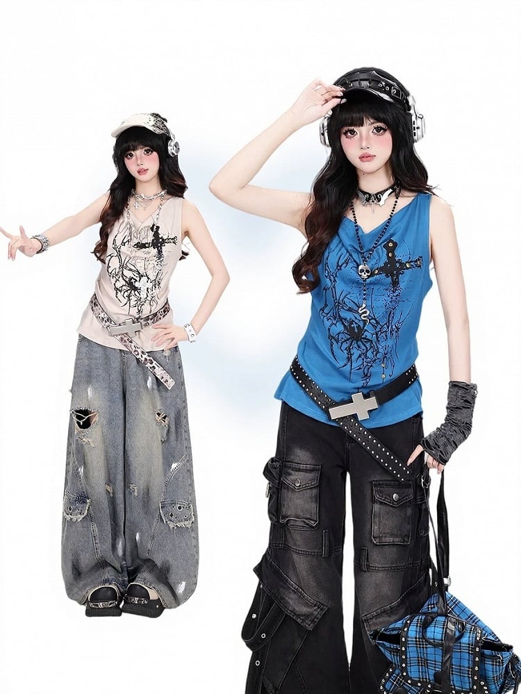 Y2K Klein Blue Tank with Spider & Thorn Print and Rivet Accents - CRAZY GIRL