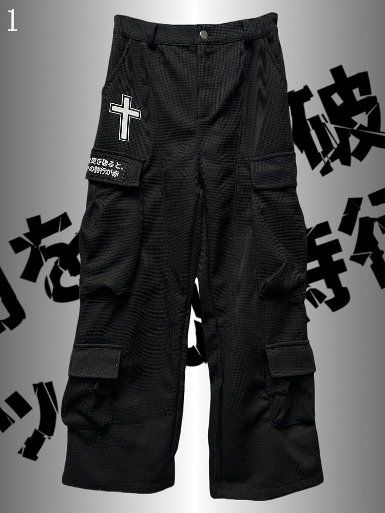 Applikation Schwarz Punk Weites Bein Cargo Kreuz Verziert Rock Taschen Hose Brief Und