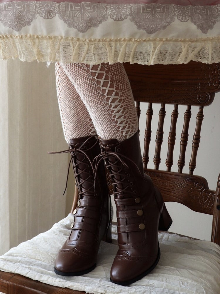 Retro Style Brown Lolita Mid-Calf Boots with Lace-up Detail & Buckle Accents - MODO