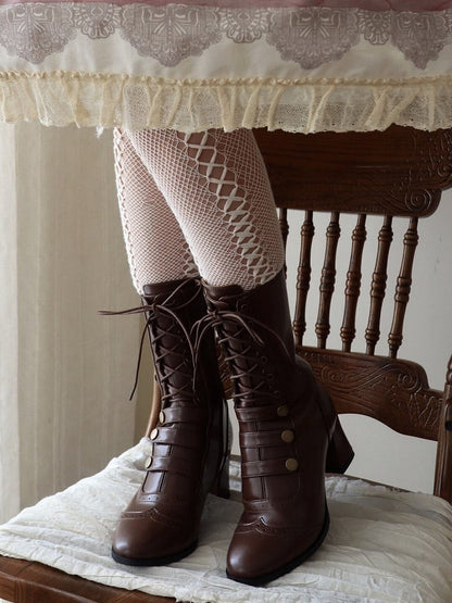 Retro Style Brown Lolita Mid-Calf Boots with Lace-up Detail & Buckle Accents - MODO