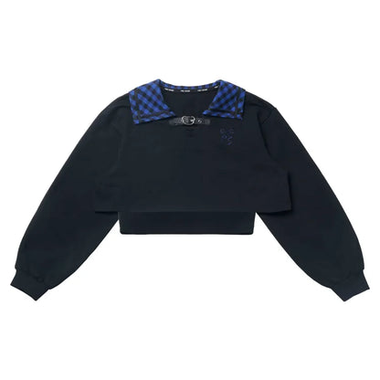 ブルーフリーダークスウェットシャツ、キャミカラートップ、チェック柄クロップド丈、ブラック