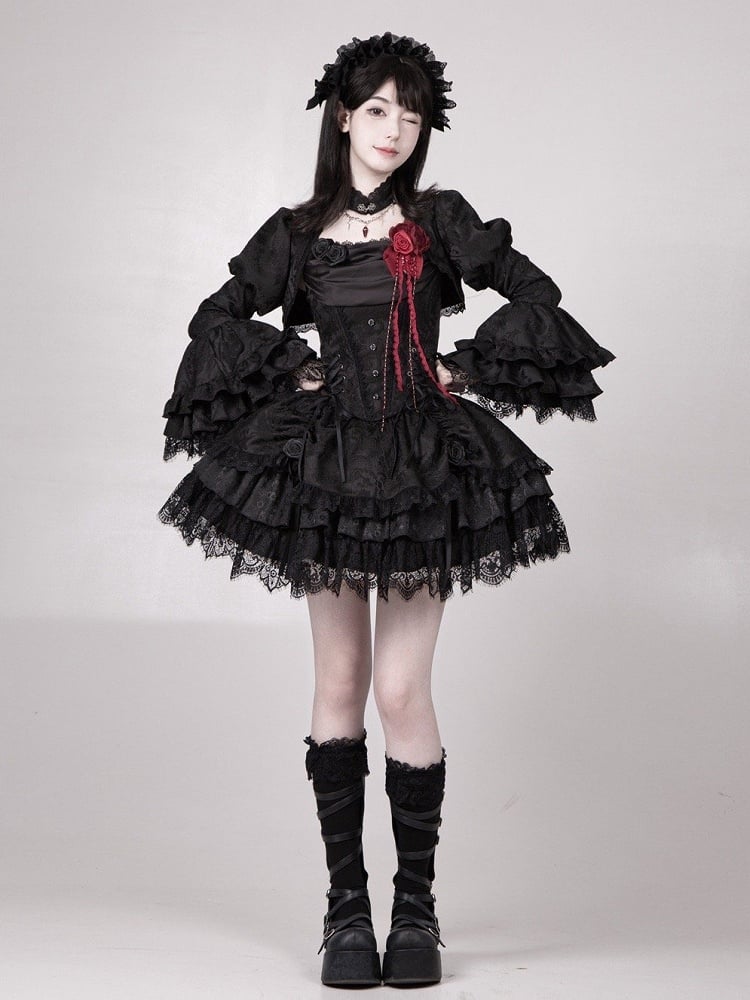 Lagenrock mit Kordelzug Schwarz Vampir Detail Lolita Gothic
