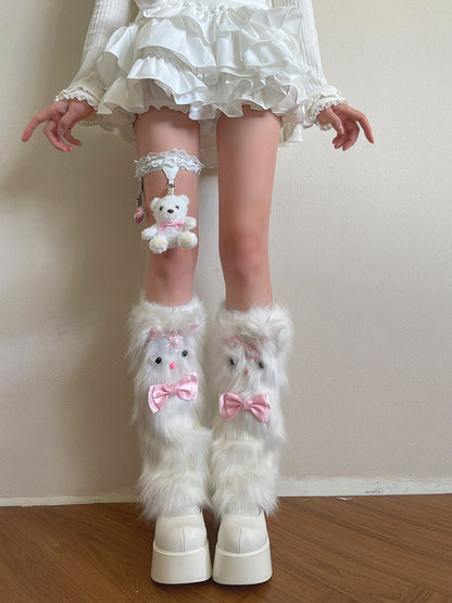 Pink Warmerswith Leg Decoration Kitty Bow Plush White