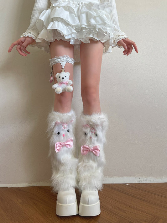 Pink Warmerswith Leg Decoration Kitty Bow Plush White